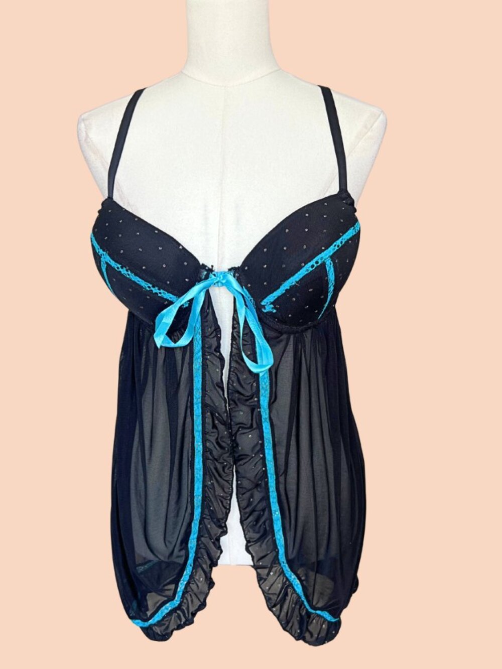 Y2K Pucker Up Black Blue Sheer Babydoll Lingerie Chemise
